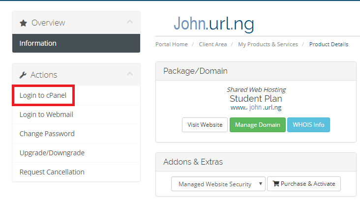 navigate to the left sidebar and click - login to cpanel